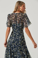 Inixyf Flutter Sleeve Floral Asymmetric Maxi Dress
