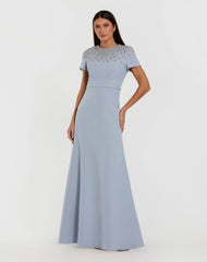 Blue High Neck Rhinestone Embellished Crepe Gown