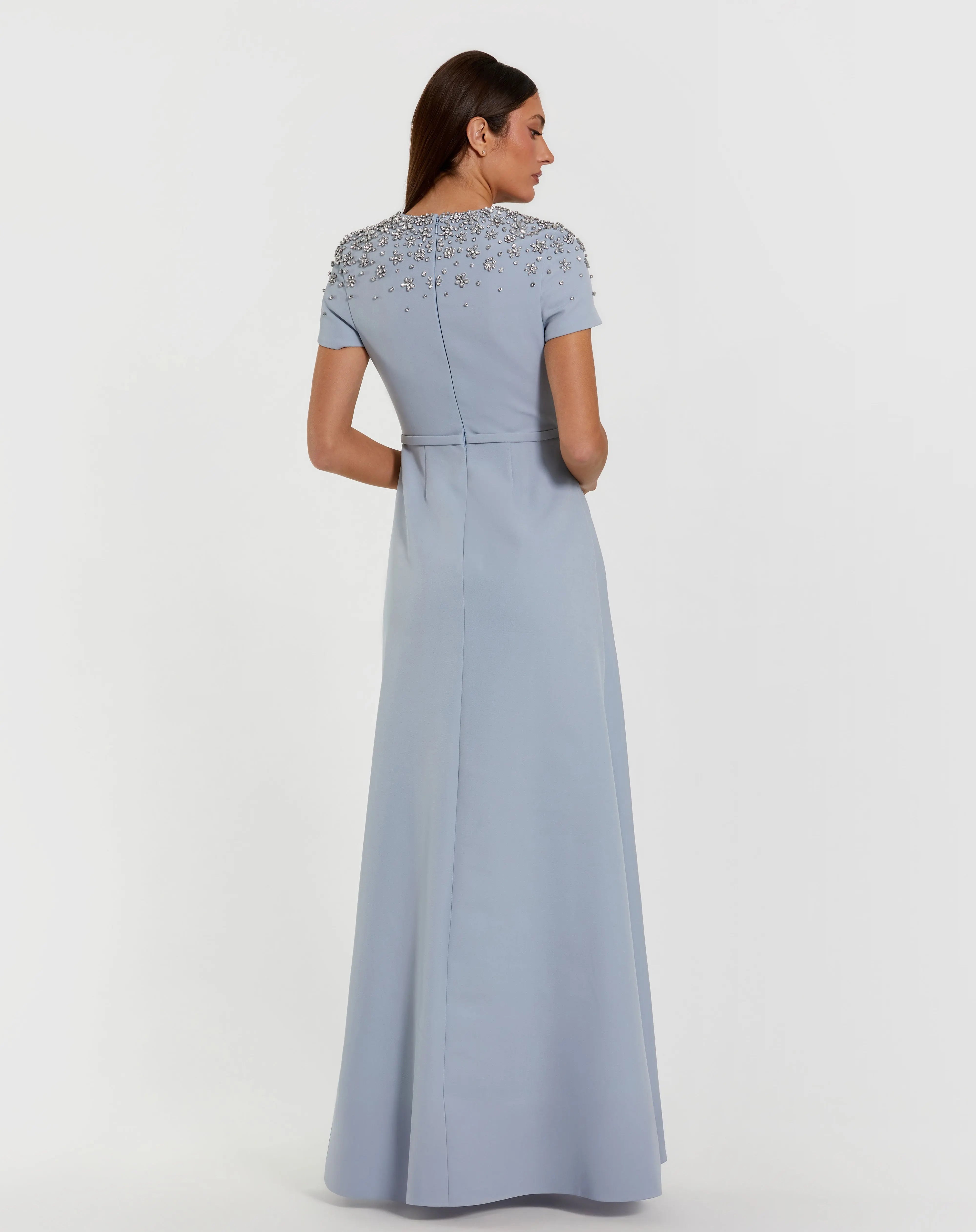 Blue High Neck Rhinestone Embellished Crepe Gown