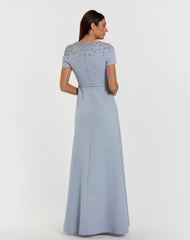 Blue High Neck Rhinestone Embellished Crepe Gown