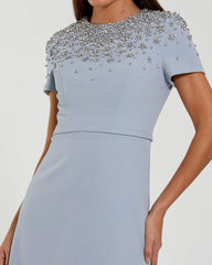 Blue High Neck Rhinestone Embellished Crepe Gown
