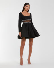 Black Long Sleeve Crepe Mini Dress With Jewel Detail