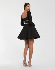 Black Long Sleeve Crepe Mini Dress With Jewel Detail