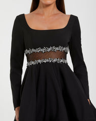 Black Long Sleeve Crepe Mini Dress With Jewel Detail