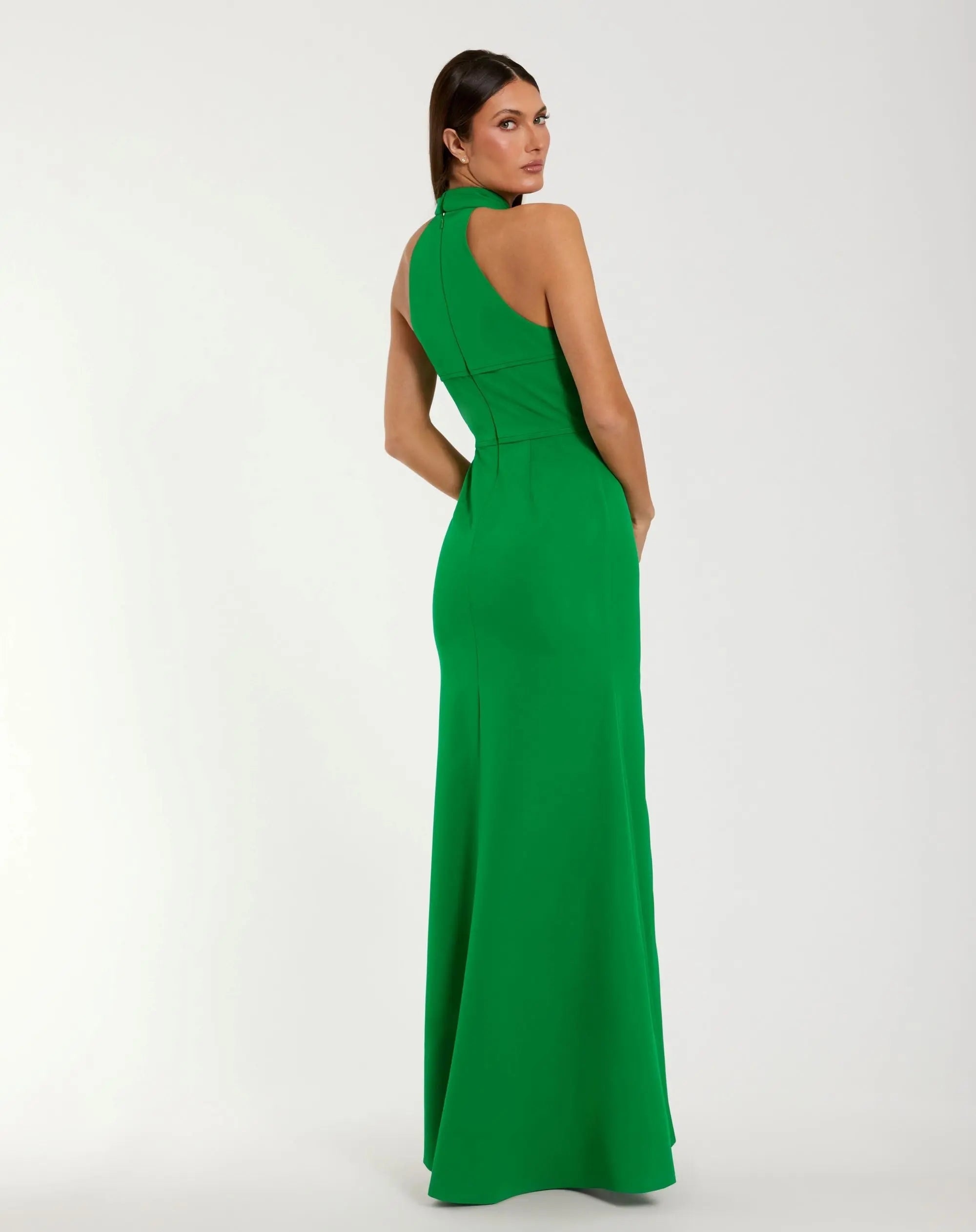 Green Sleeveless Halter Neck Gown with Rosette Detail