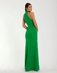 Green Sleeveless Halter Neck Gown with Rosette Detail