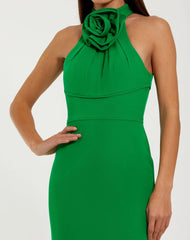 Green Sleeveless Halter Neck Gown with Rosette Detail