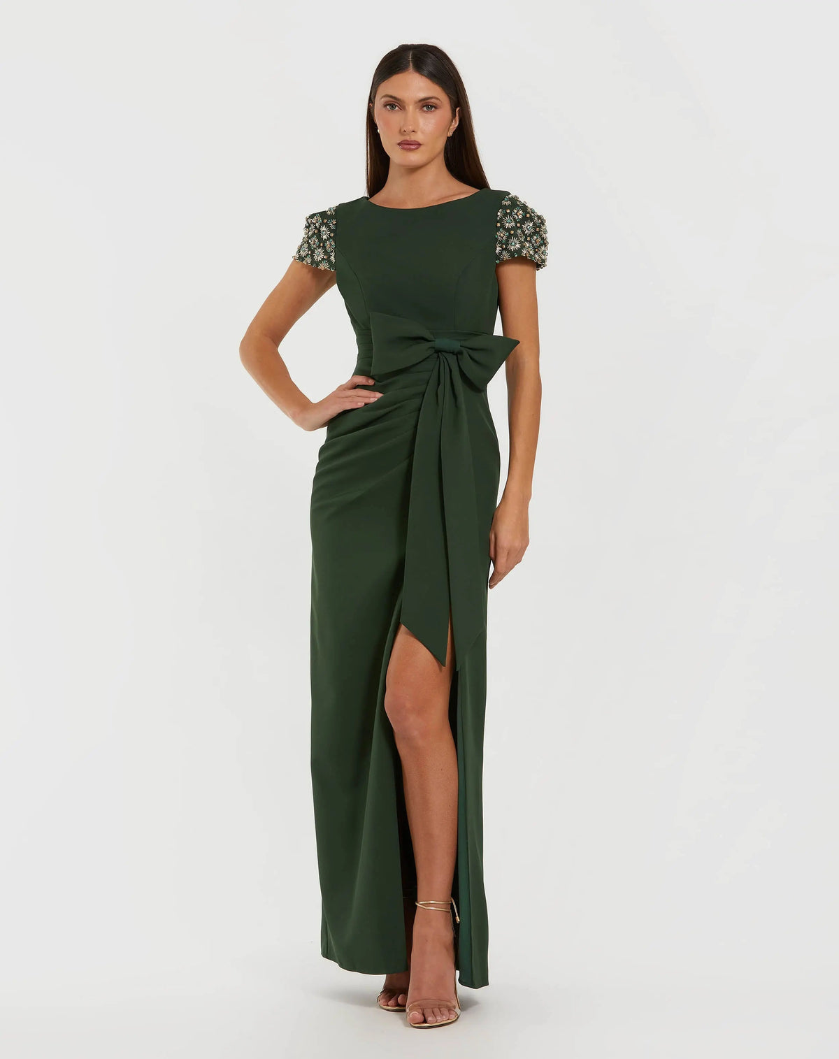 Beaded Cap Sleeve Crepe Gown With Bow and Slit