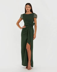 Beaded Cap Sleeve Crepe Gown With Bow and Slit