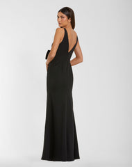 Black Crepe Sleeveless V-Neck Gown with Bow