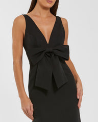 Black Crepe Sleeveless V-Neck Gown with Bow