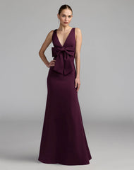 Crepe Sleeveless V-Neck Gown with Bow