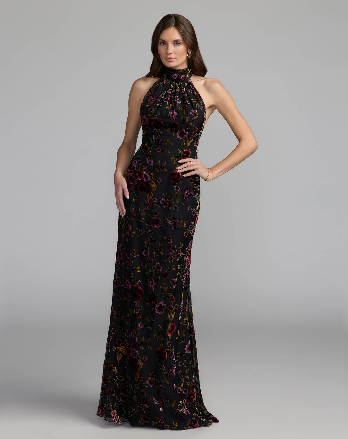 Black Floral Burnout Velvet Halter Gown