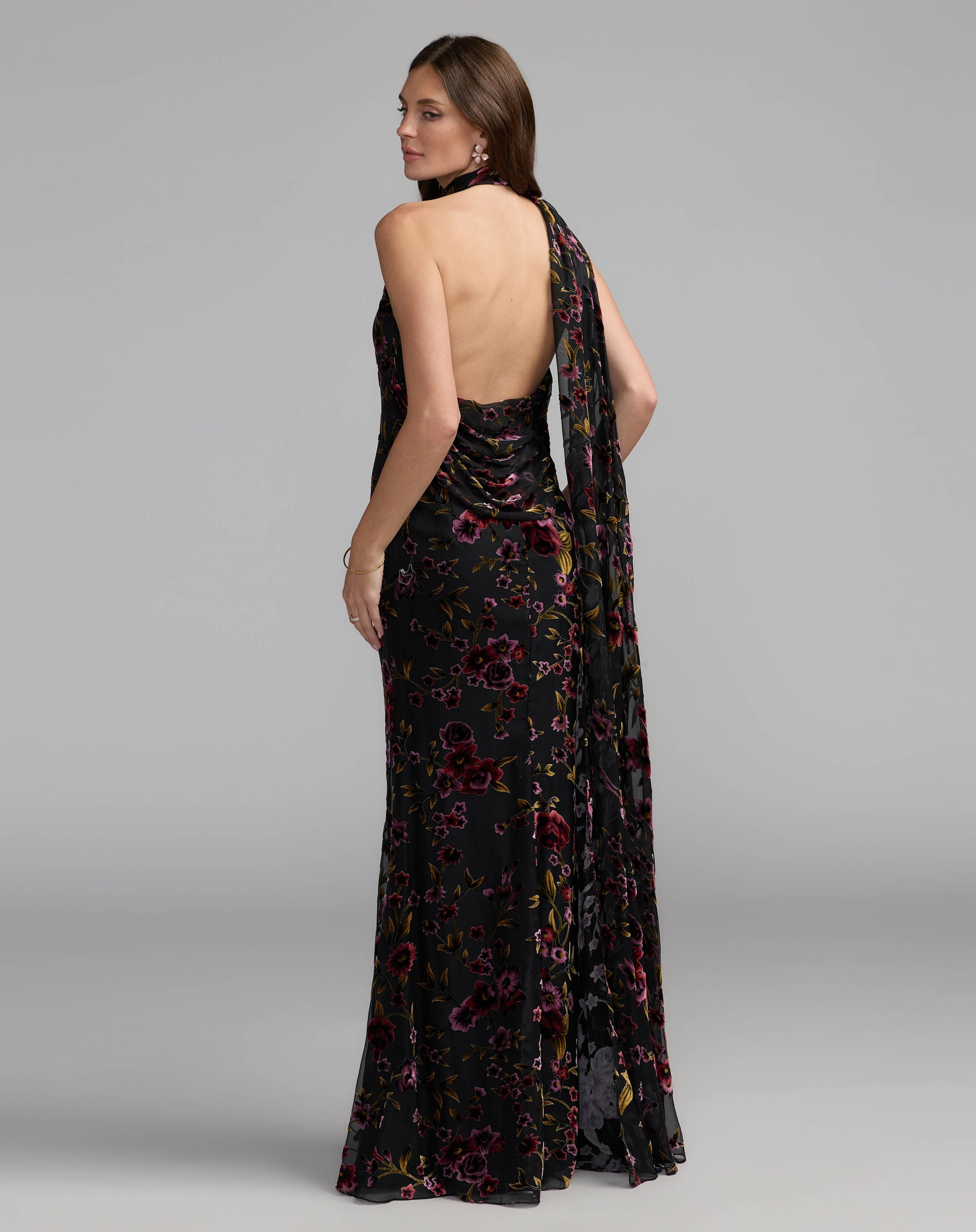 Black Floral Burnout Velvet Halter Gown