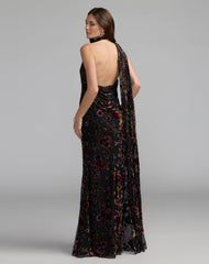 Black Floral Burnout Velvet Halter Gown