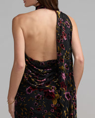Black Floral Burnout Velvet Halter Gown