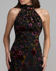 Black Floral Burnout Velvet Halter Gown