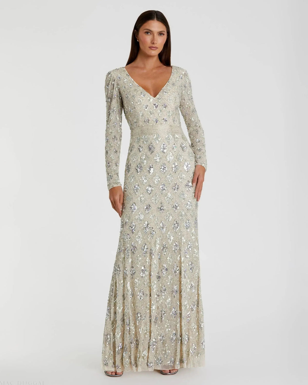 Silver Geometric Embellished Evening Gown - FINAL SALE