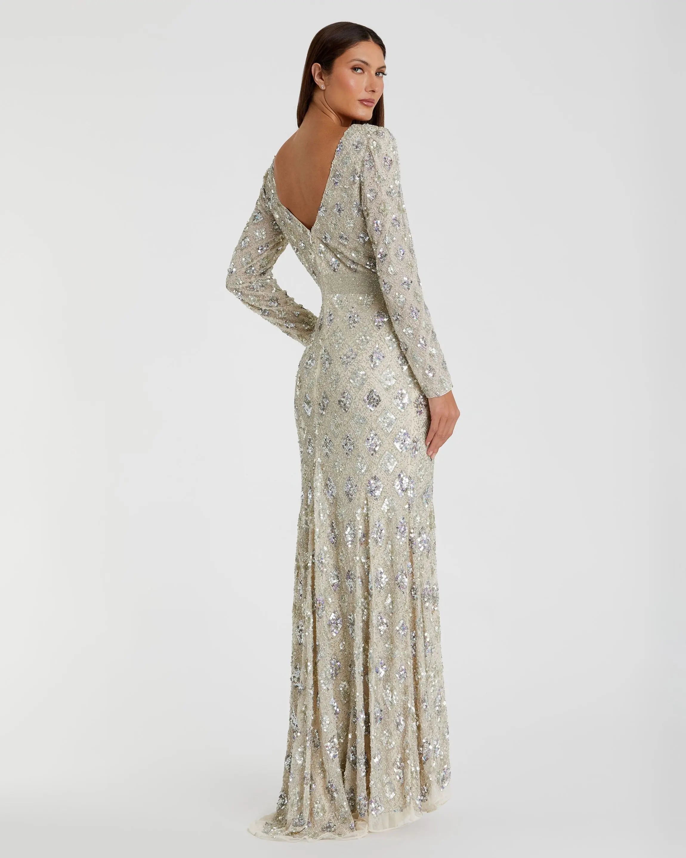 Silver Geometric Embellished Evening Gown - FINAL SALE
