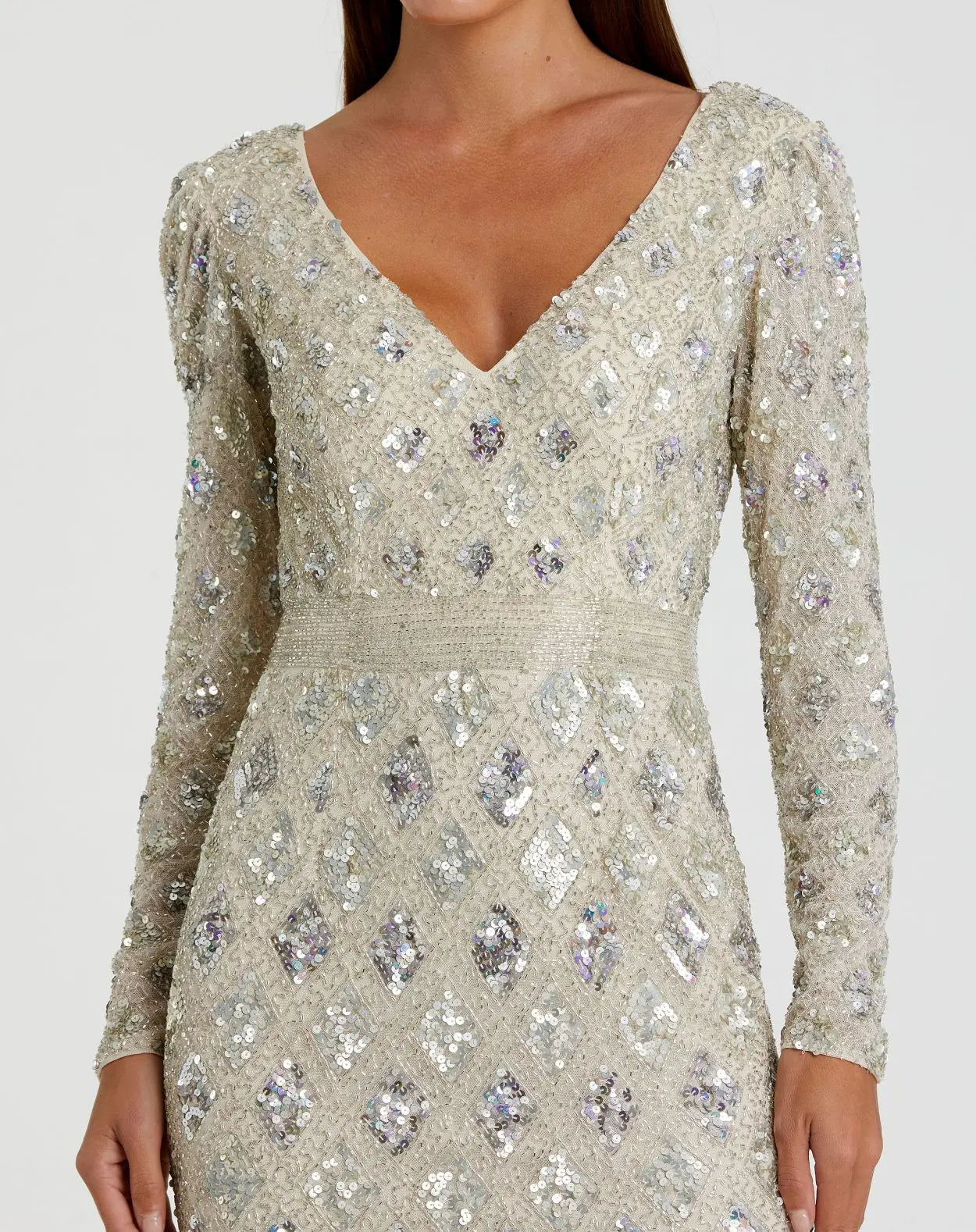 Silver Geometric Embellished Evening Gown - FINAL SALE