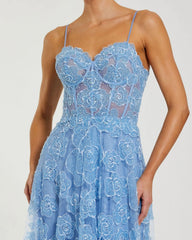 Blue Embroidered Sweetheart Neck A-Line Gown