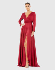 Long Sleeve Satin A-Line Gown with Thigh Slit