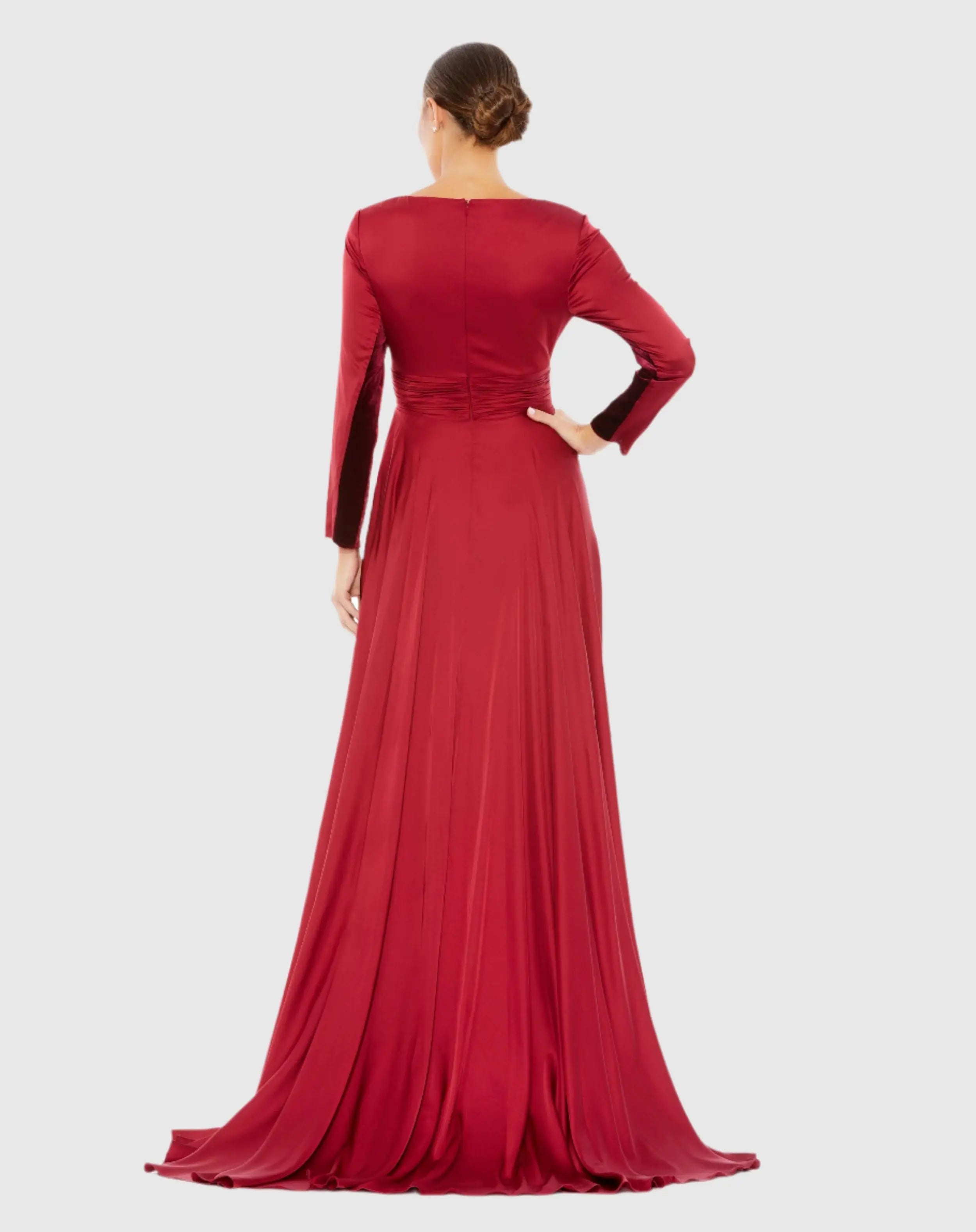 Long Sleeve Satin A-Line Gown with Thigh Slit