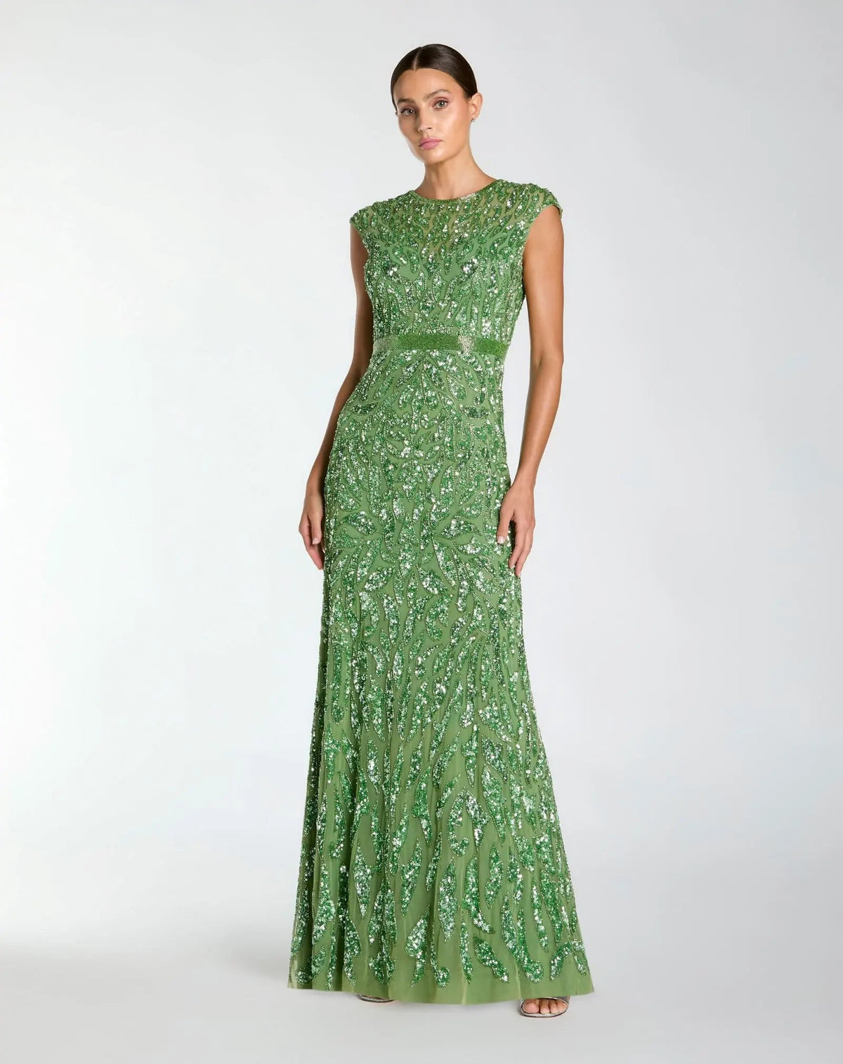 Embellished Illusion Cap Sleeve Column Gown