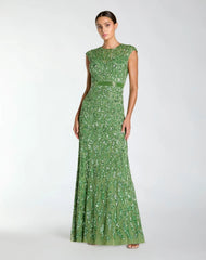 Embellished Illusion Cap Sleeve Column Gown