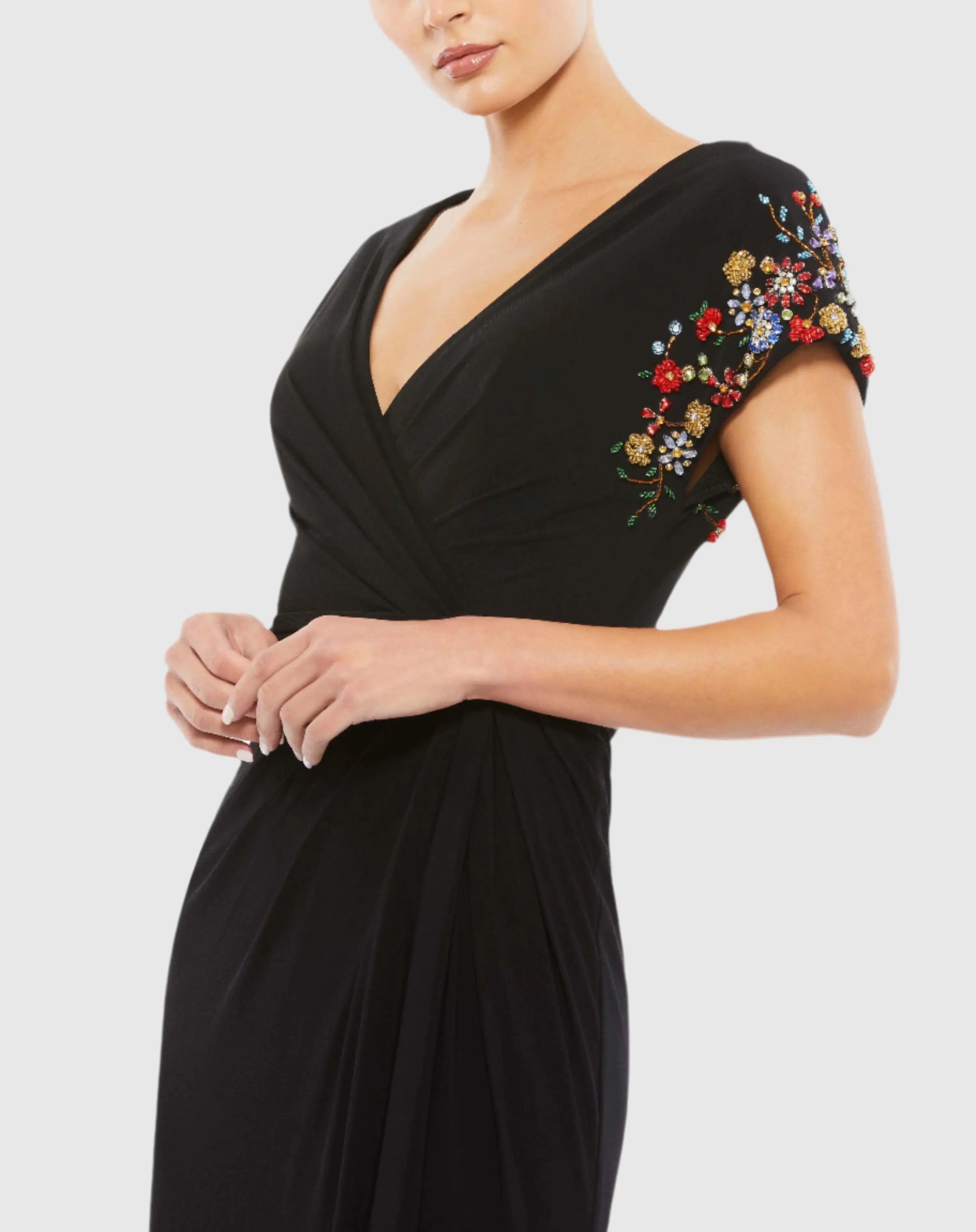 Black Embellished Sleeve Jersey Wrap Gown