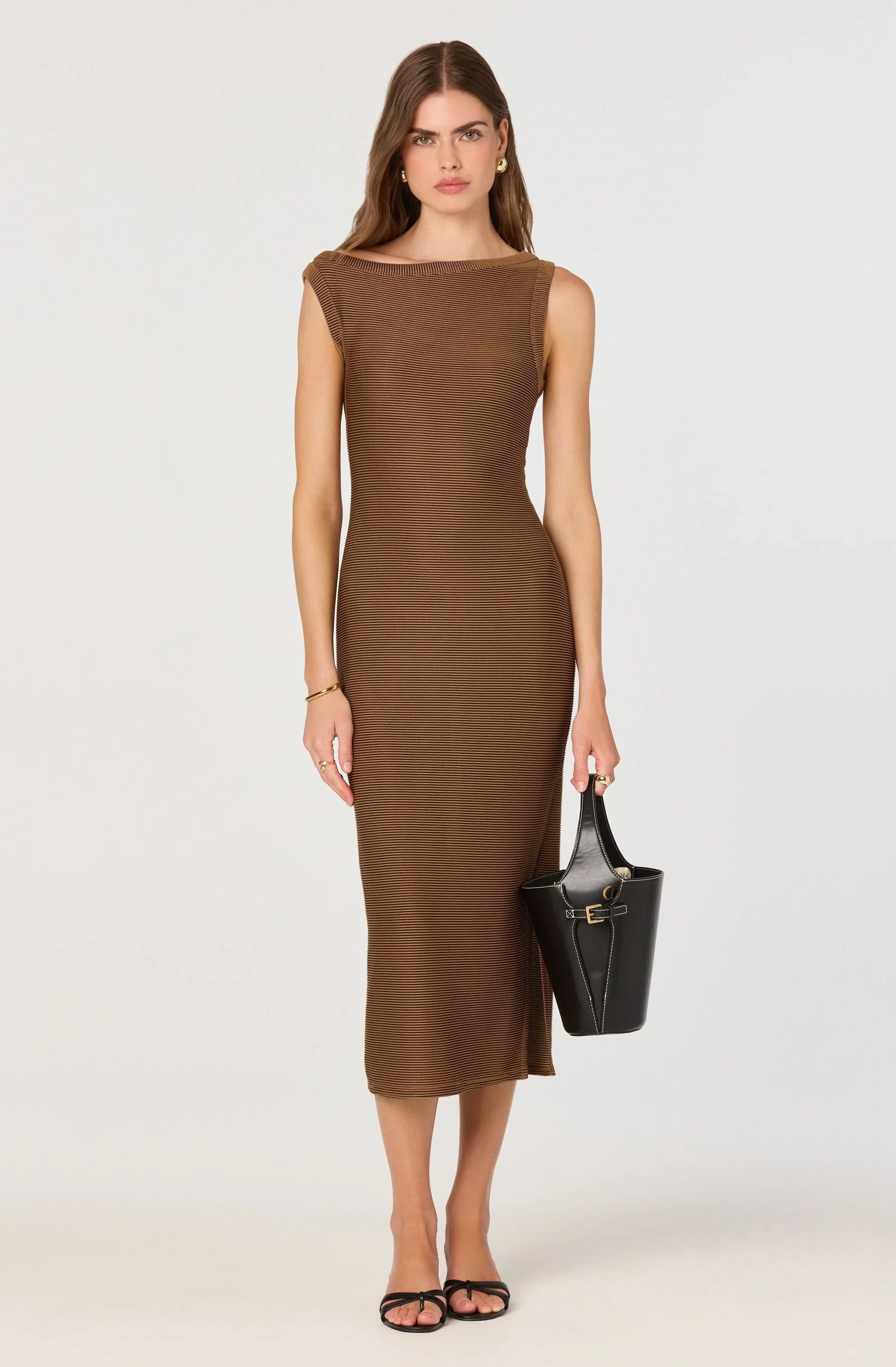 Lbruh Off Shoulder Ribbed Knit Midi Dress