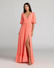 Faux Wrap Ruffle Trim A-Line Gown