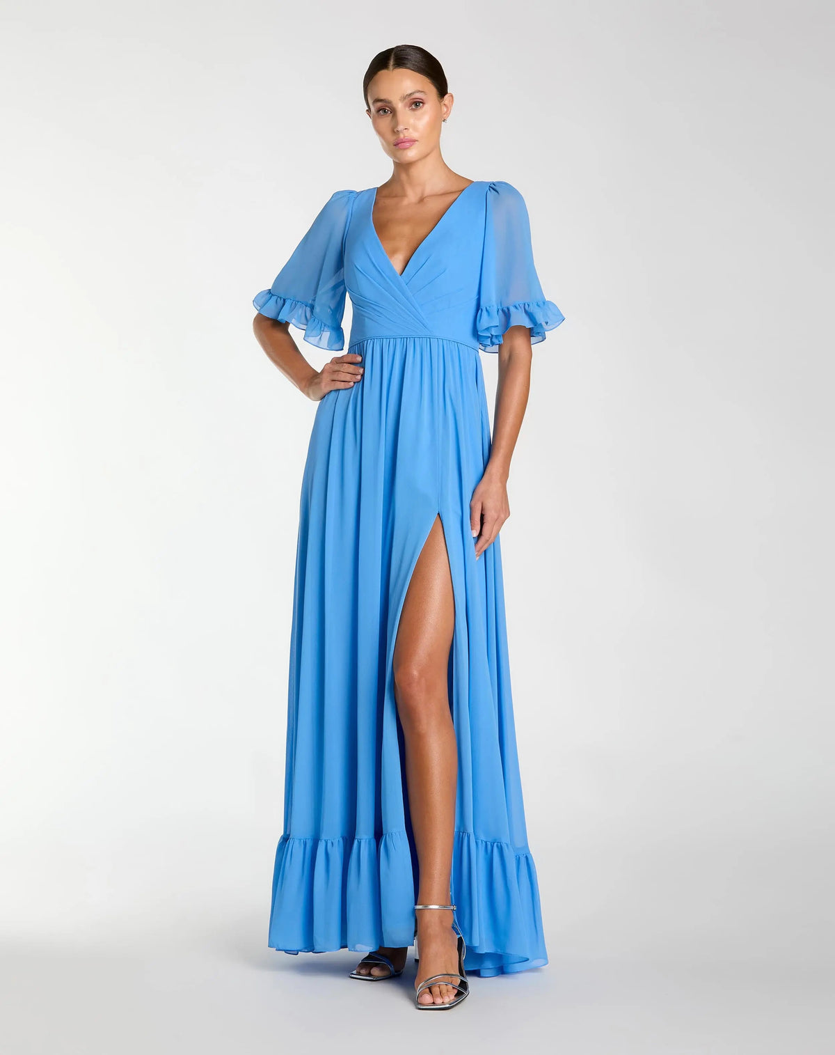 Faux Wrap Ruffle Trim A-Line Gown