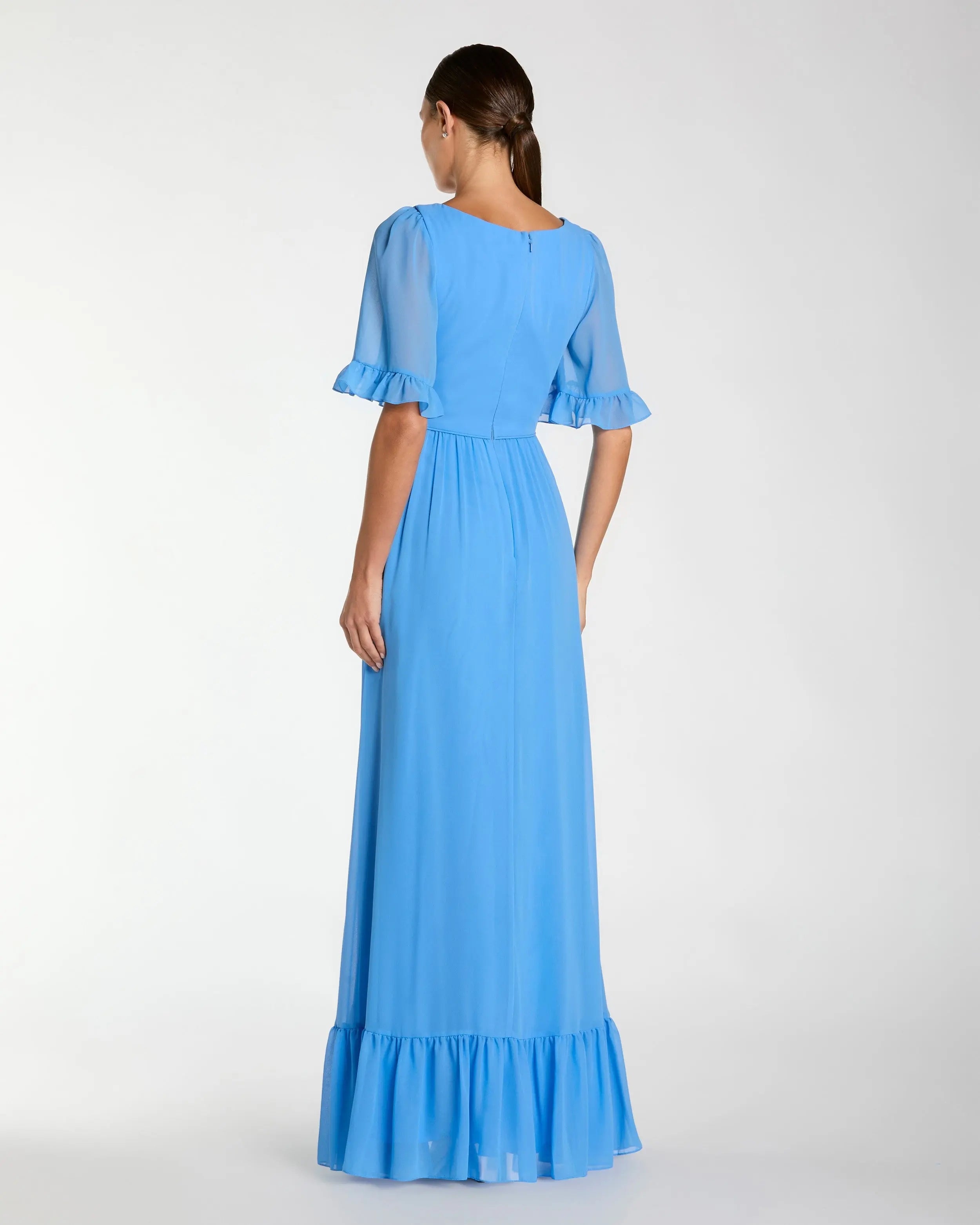 Blue Faux Wrap Ruffle Trim A-Line Gown