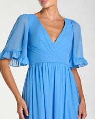Blue Faux Wrap Ruffle Trim A-Line Gown