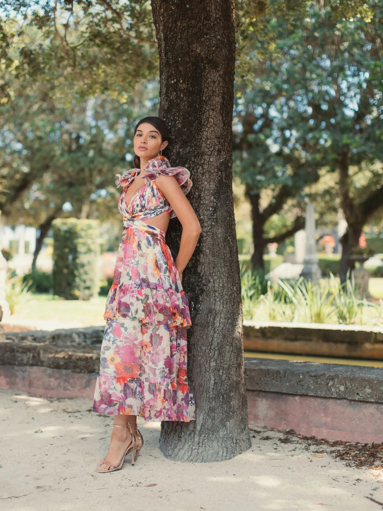 White Floral Chiffon Ruffle Tiered Cut-Out Midi Dress