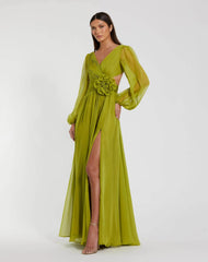 Long Sleeve V-Neck Chiffon Gown With 3D Flower