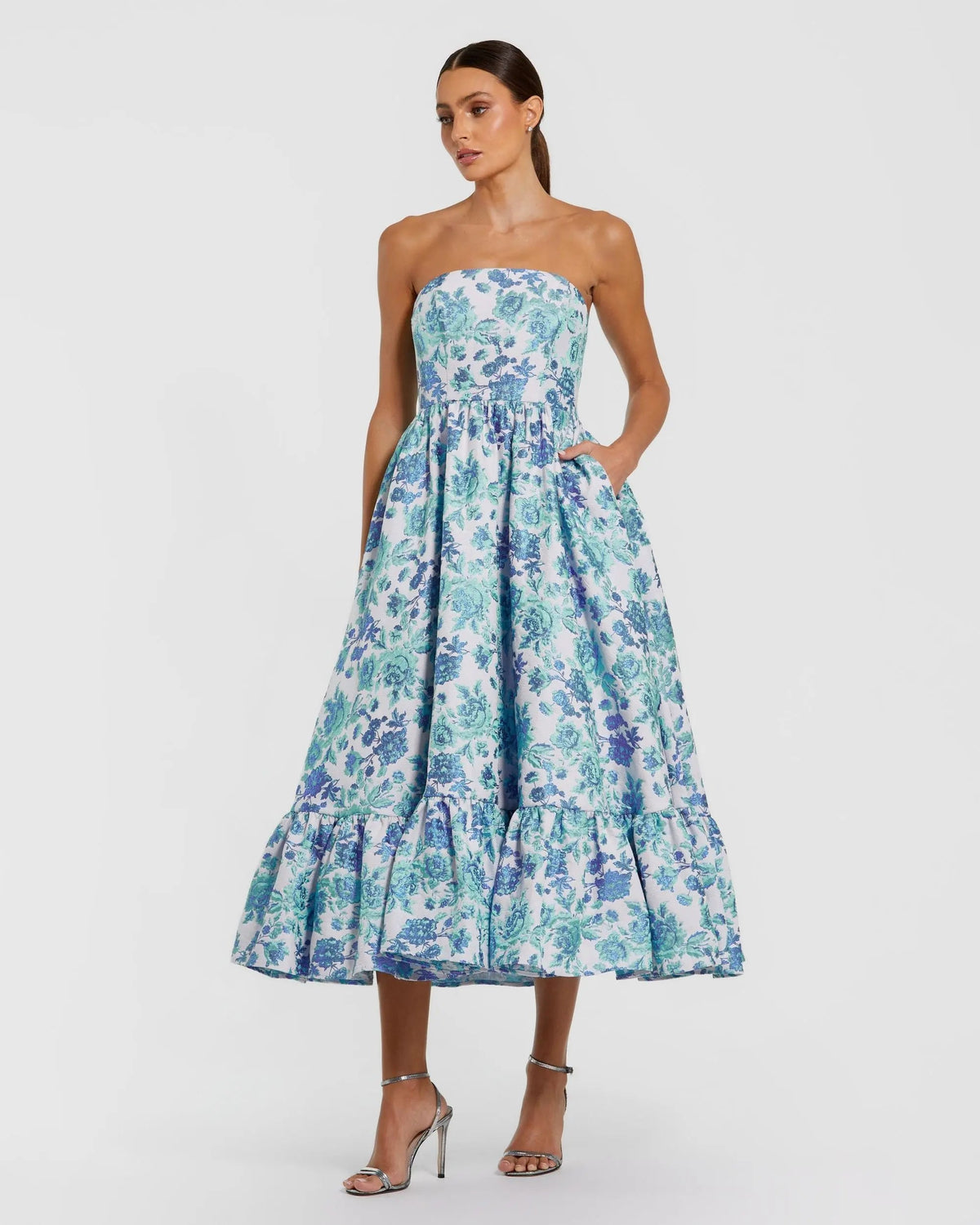 Blue Floral Brocade Strapless A Line Midi Dress