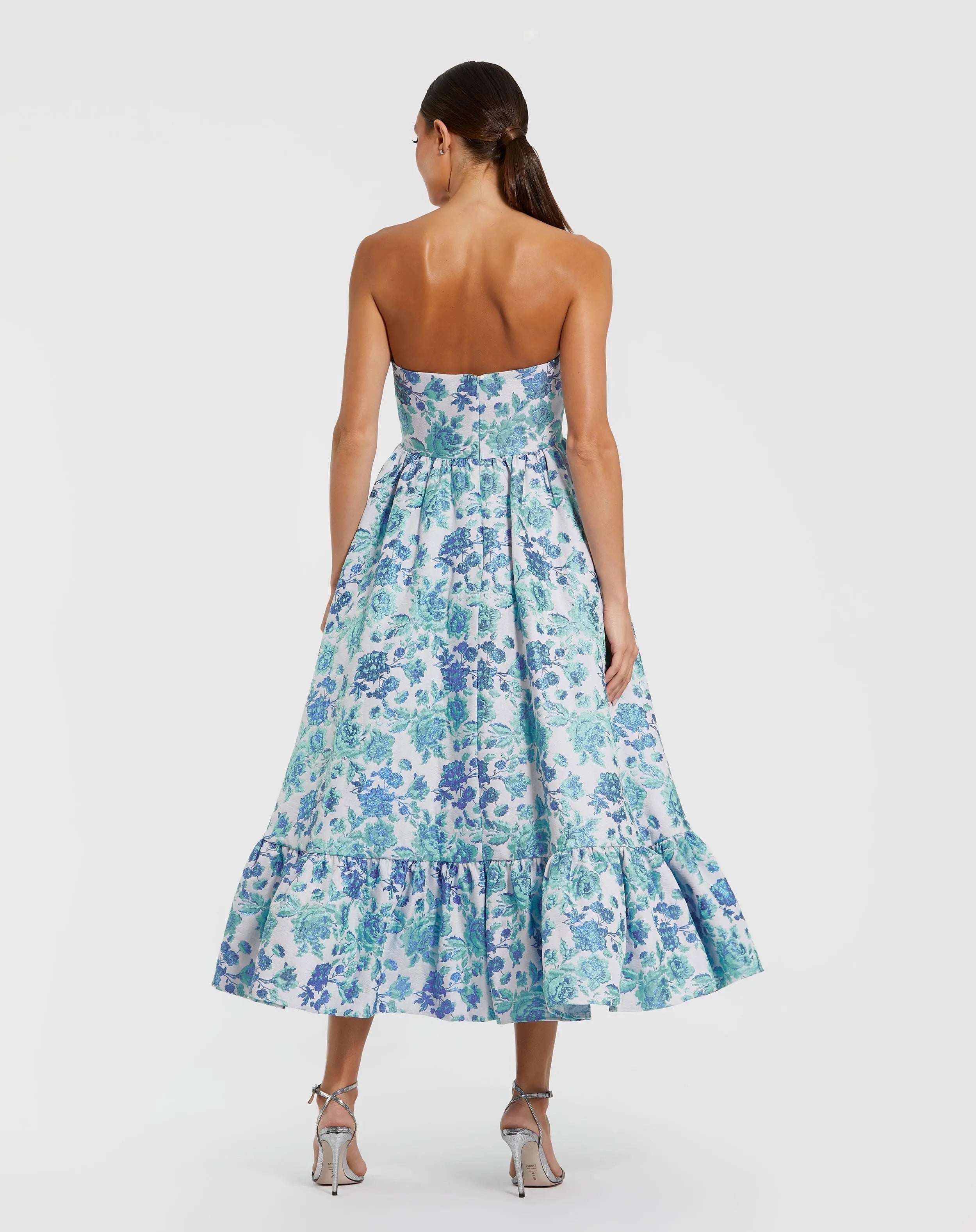 Blue Floral Brocade Strapless A Line Midi Dress