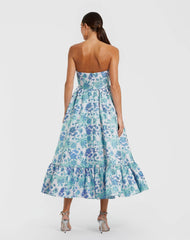 Blue Floral Brocade Strapless A Line Midi Dress