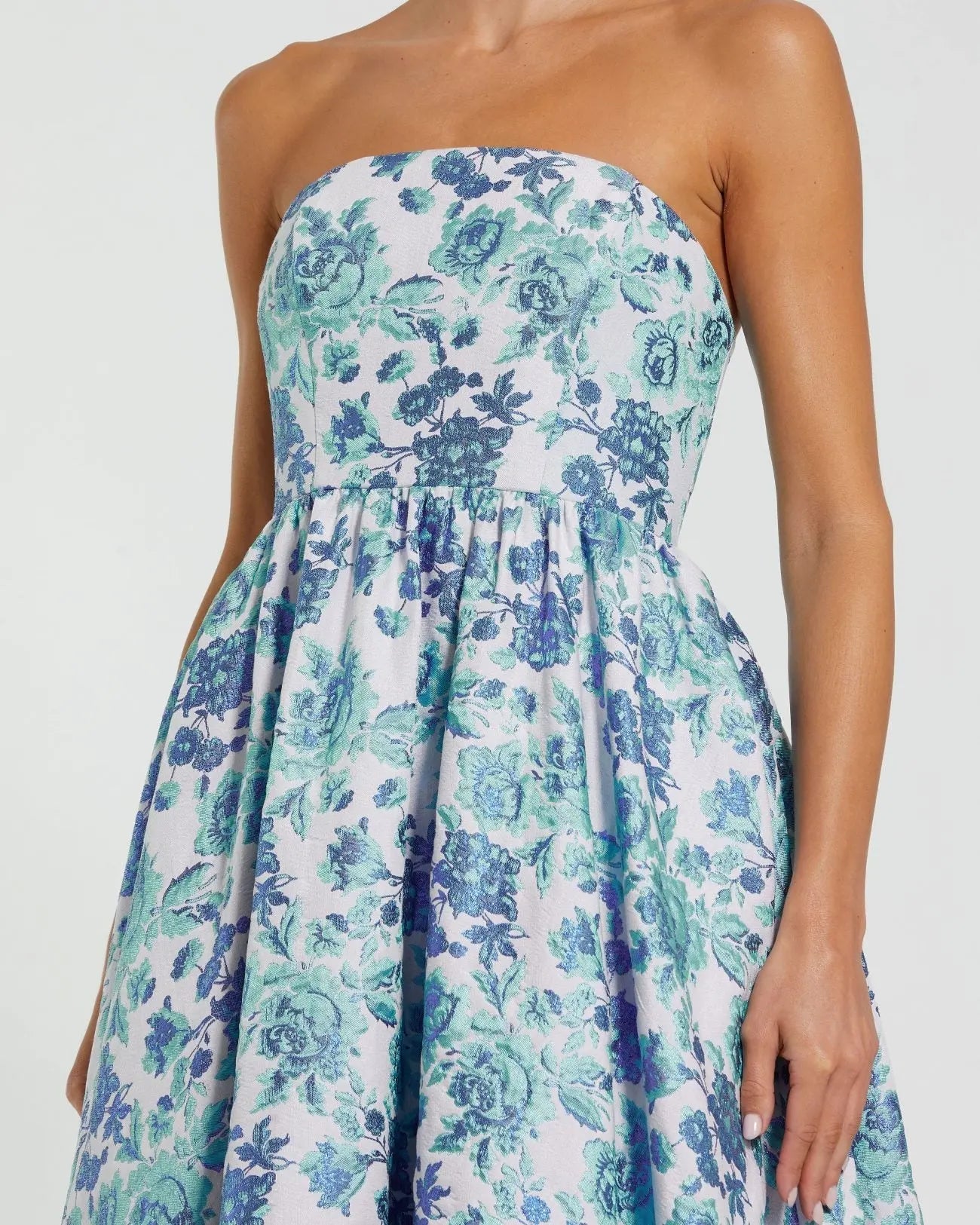 Blue Floral Brocade Strapless A Line Midi Dress