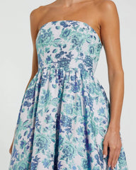 Blue Floral Brocade Strapless A Line Midi Dress