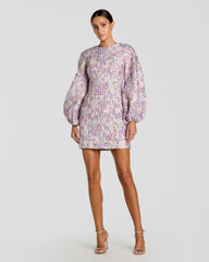 Purple Floral Brocade Balloon Sleeve Mini Dress