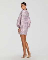 Purple Floral Brocade Balloon Sleeve Mini Dress