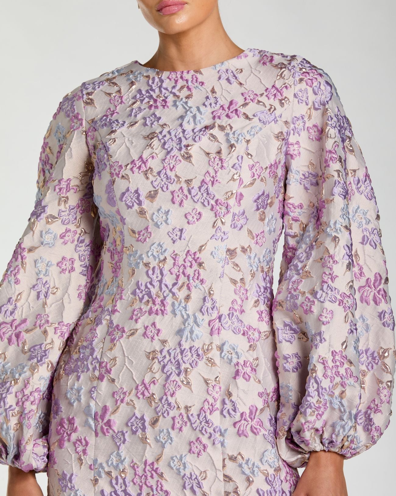 Purple Floral Brocade Balloon Sleeve Mini Dress