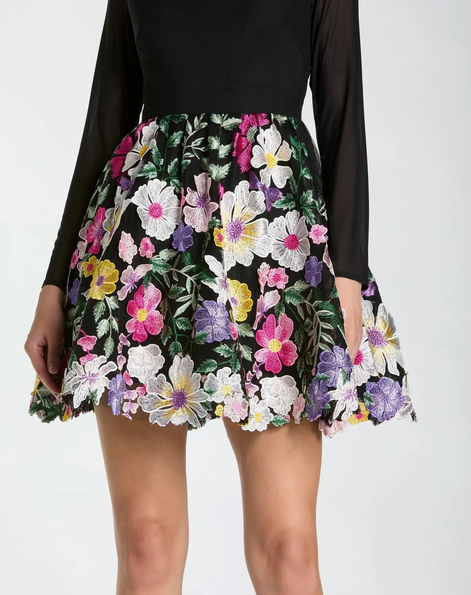 Black Long Sleeve Mini Dress With Floral Embroidery