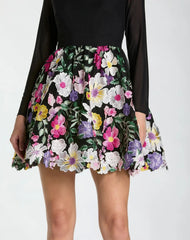 Black Long Sleeve Mini Dress With Floral Embroidery