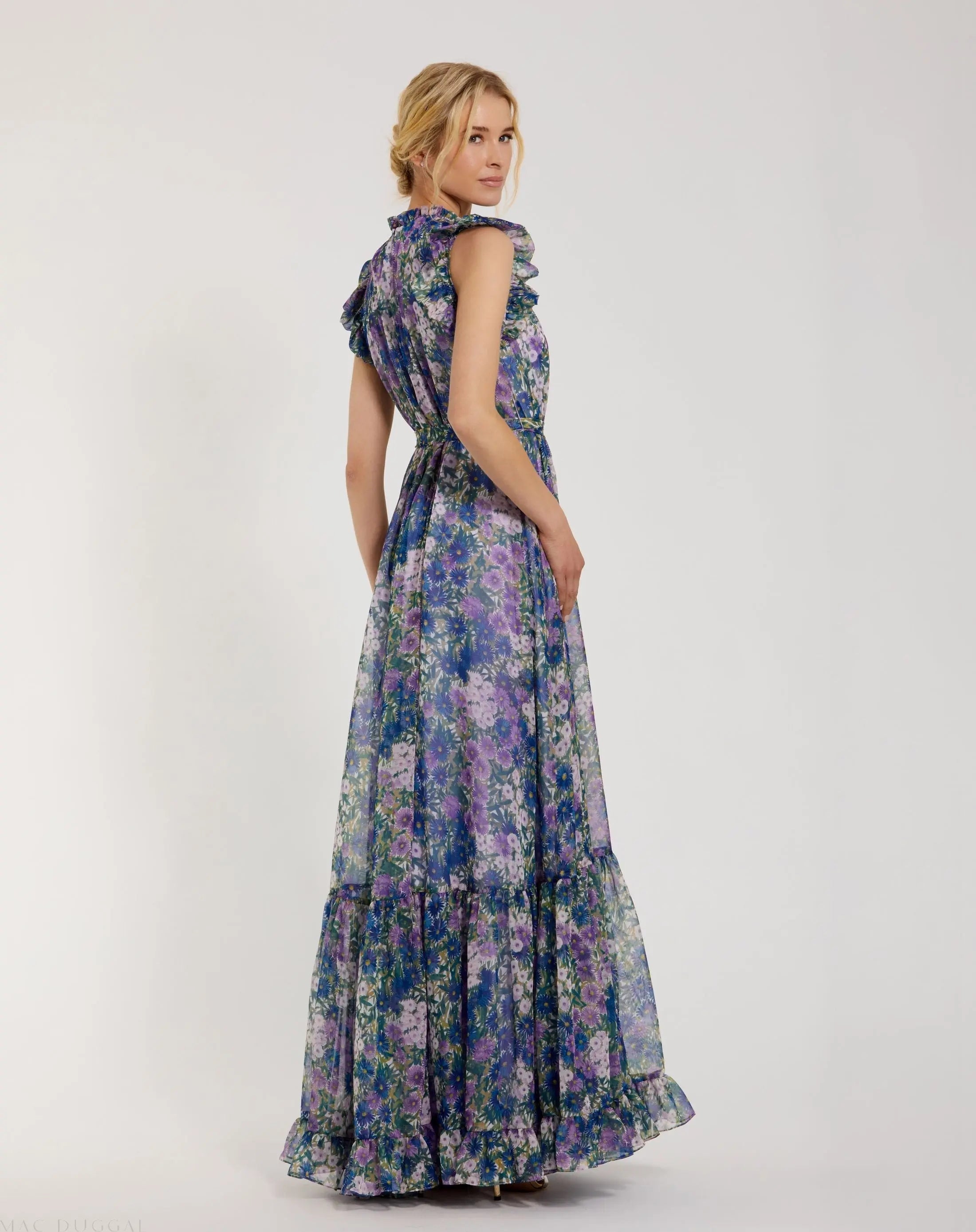 Purple Floral Chiffon Cap Sleeve Gown