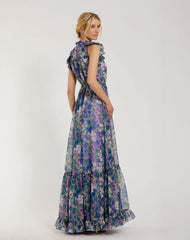 Purple Floral Chiffon Cap Sleeve Gown