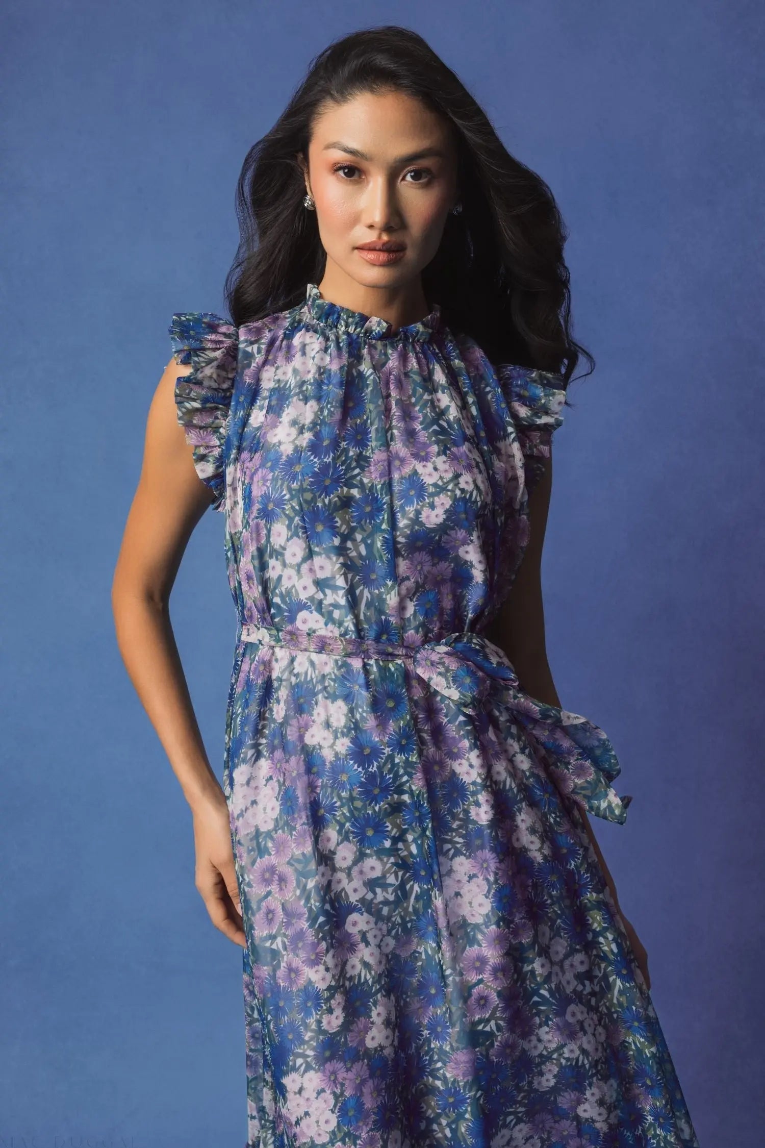 Purple Floral Chiffon Cap Sleeve Gown